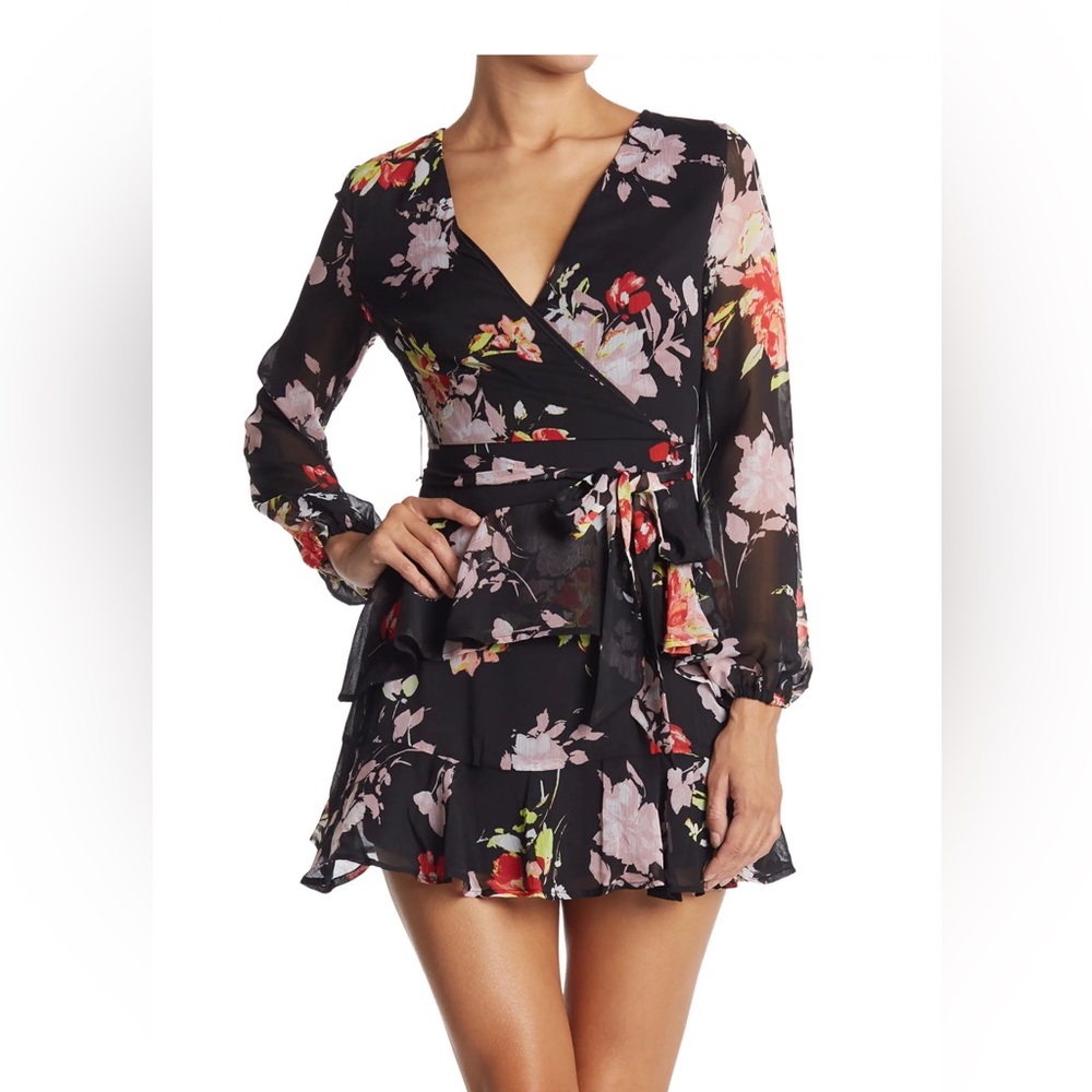 NEW Chic Long Sleeve Floral Mini Dress - Black and Pink